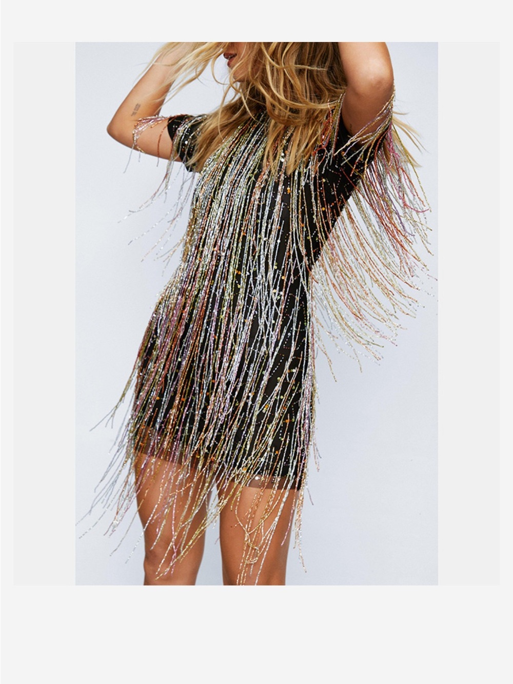 Nasty Gal Black Mini Dress with Multicolor Beaded Fringe Sz 0